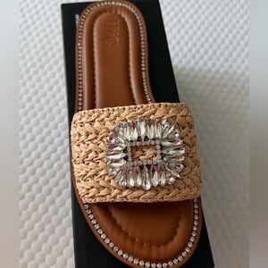 INC International Concepts Tan Woven Slide Sandal with Crystal Buckle